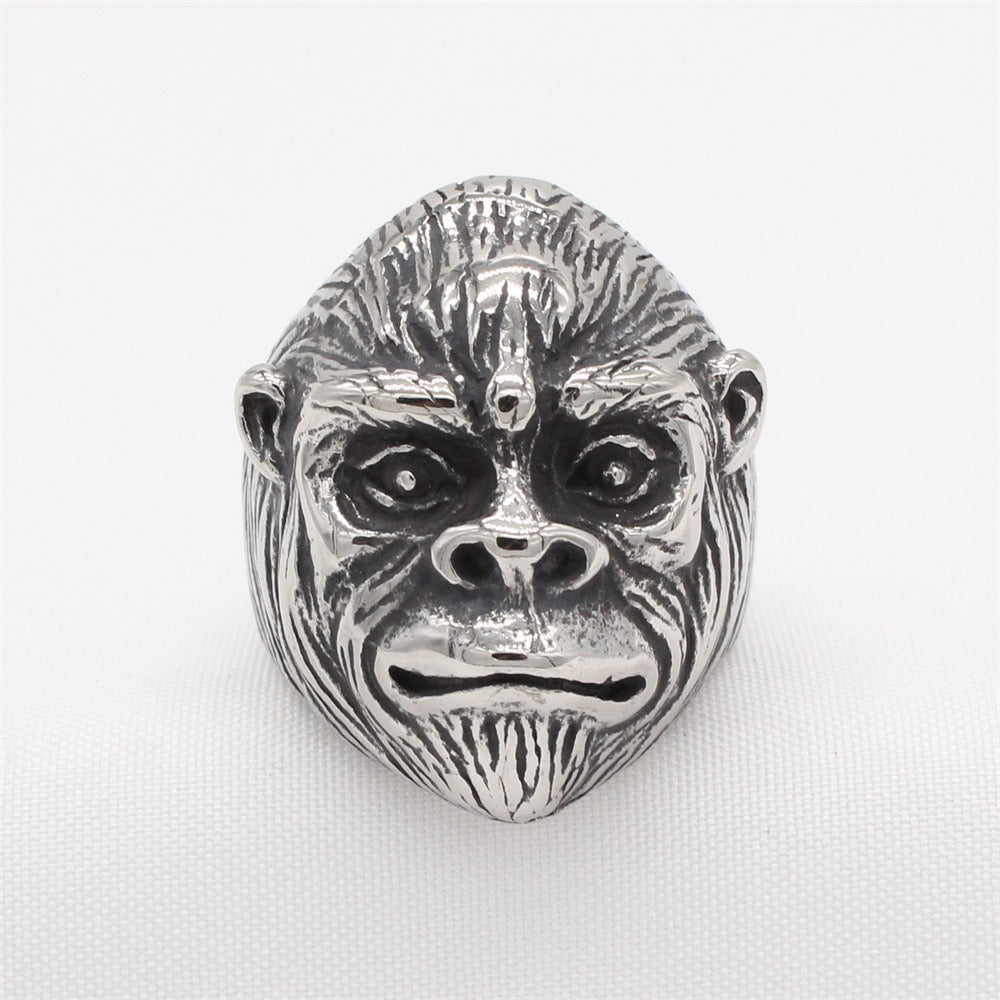 Kemstone Vintage Gorilla Titanium Steel Ring for Men – Sculpted Animal Head Design R1741