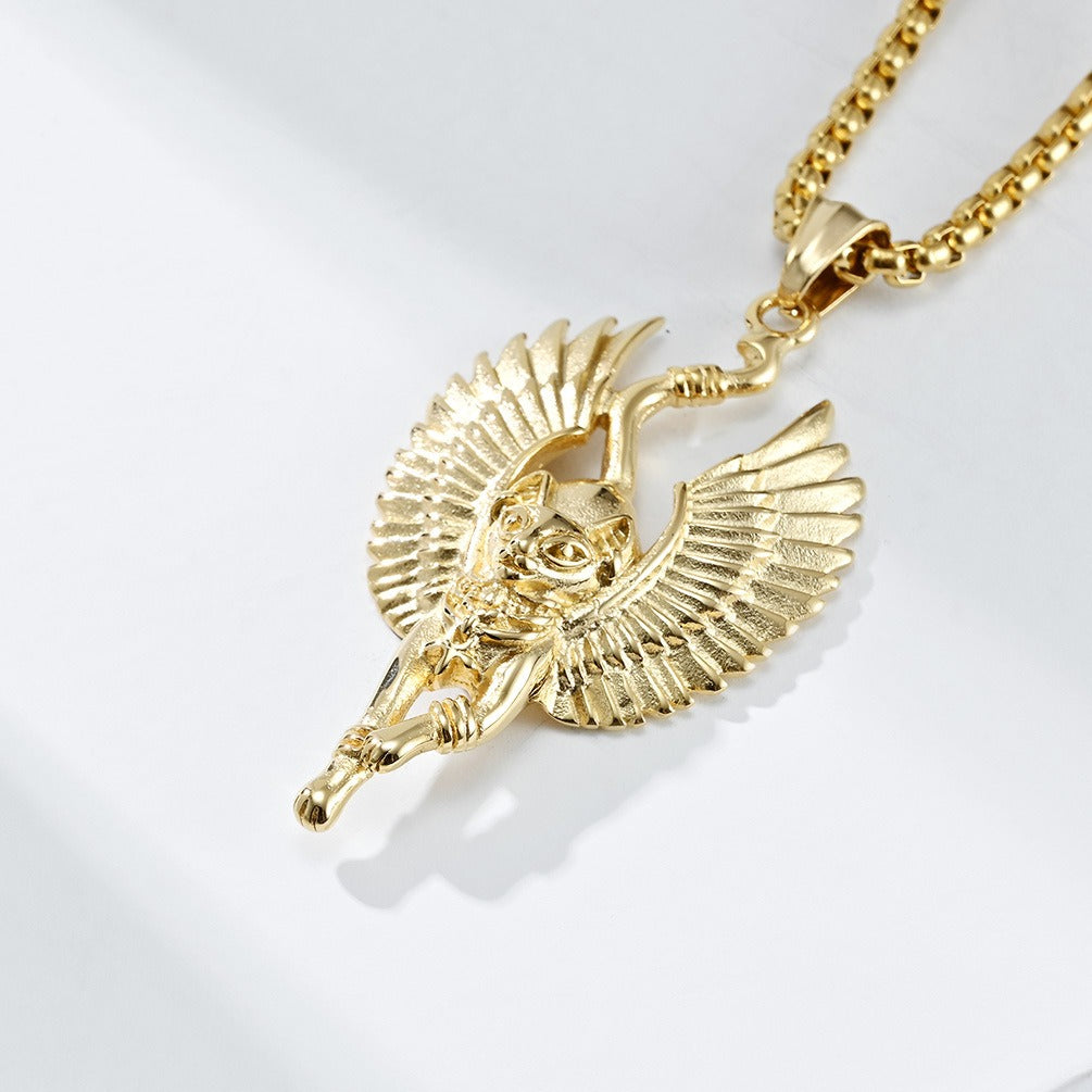 Kemstone Egyptian Cat Pendant Necklace for Men Stainless Steel Animal Sculpted Detail K-PT461