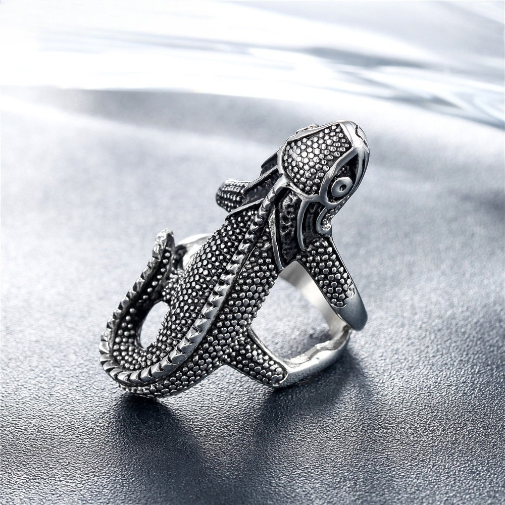 Kemstone Titanium Steel Sculpted Lizard Ring for Men R0424