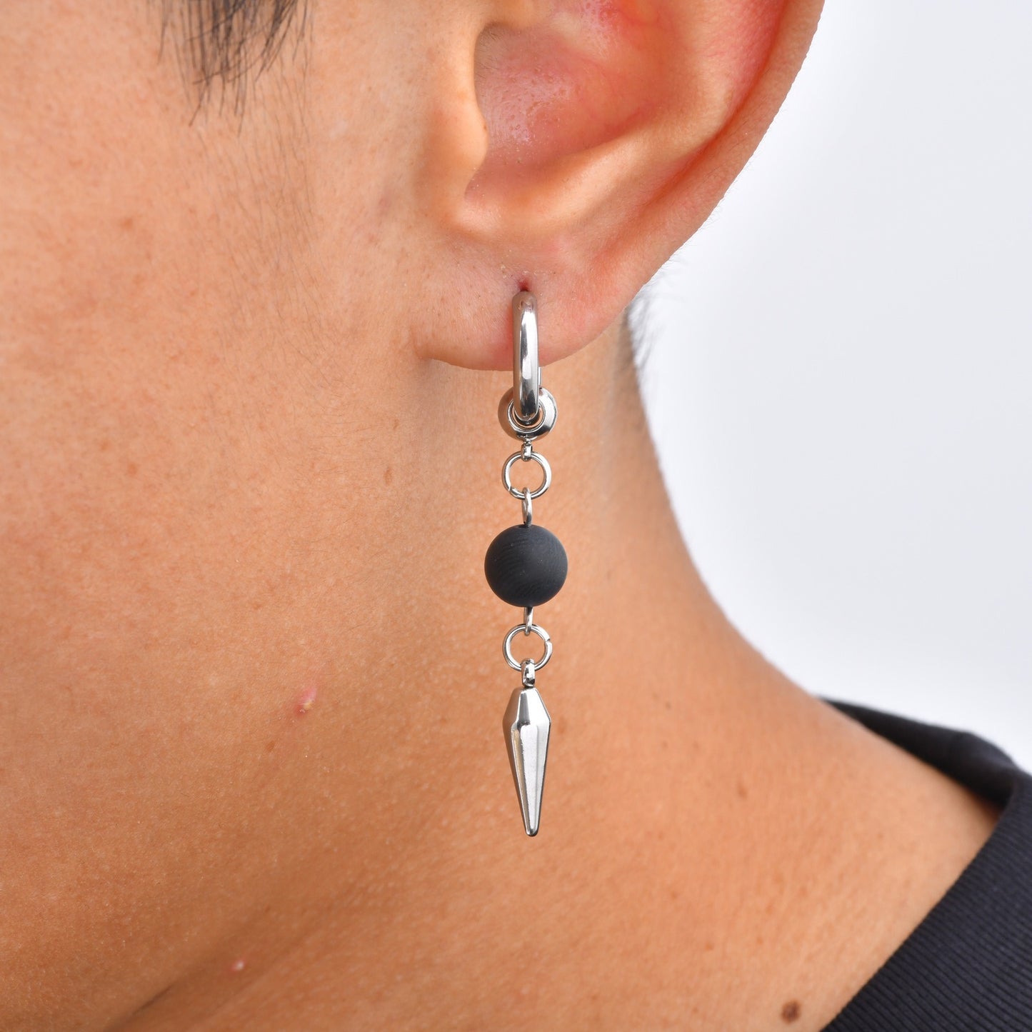 Kemstone Black Agate & Pin Inspired Spike Drop Earring for Men Stainless Steel ED-1075
