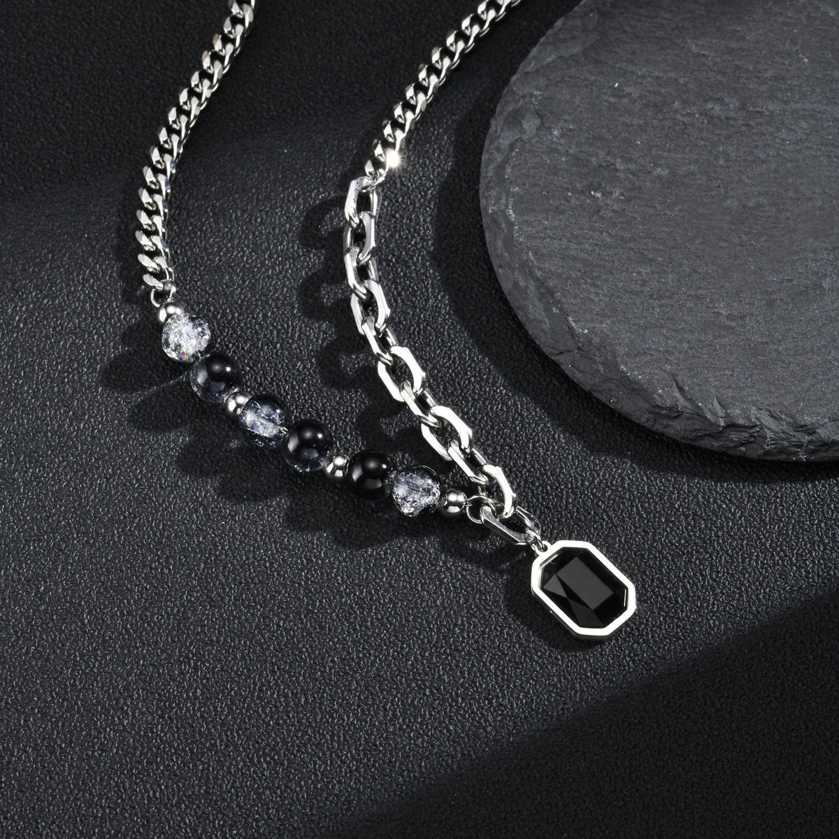 Kemstone Black Glass Necklace for Men Mixed-Link Beaded Chain NC-3269