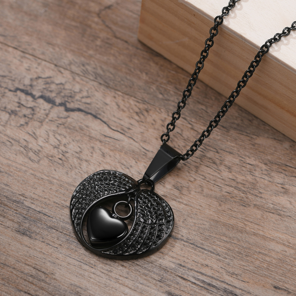Kemstone Openable Winged Heart Necklace for Men Stainless Steel Black PN-1523