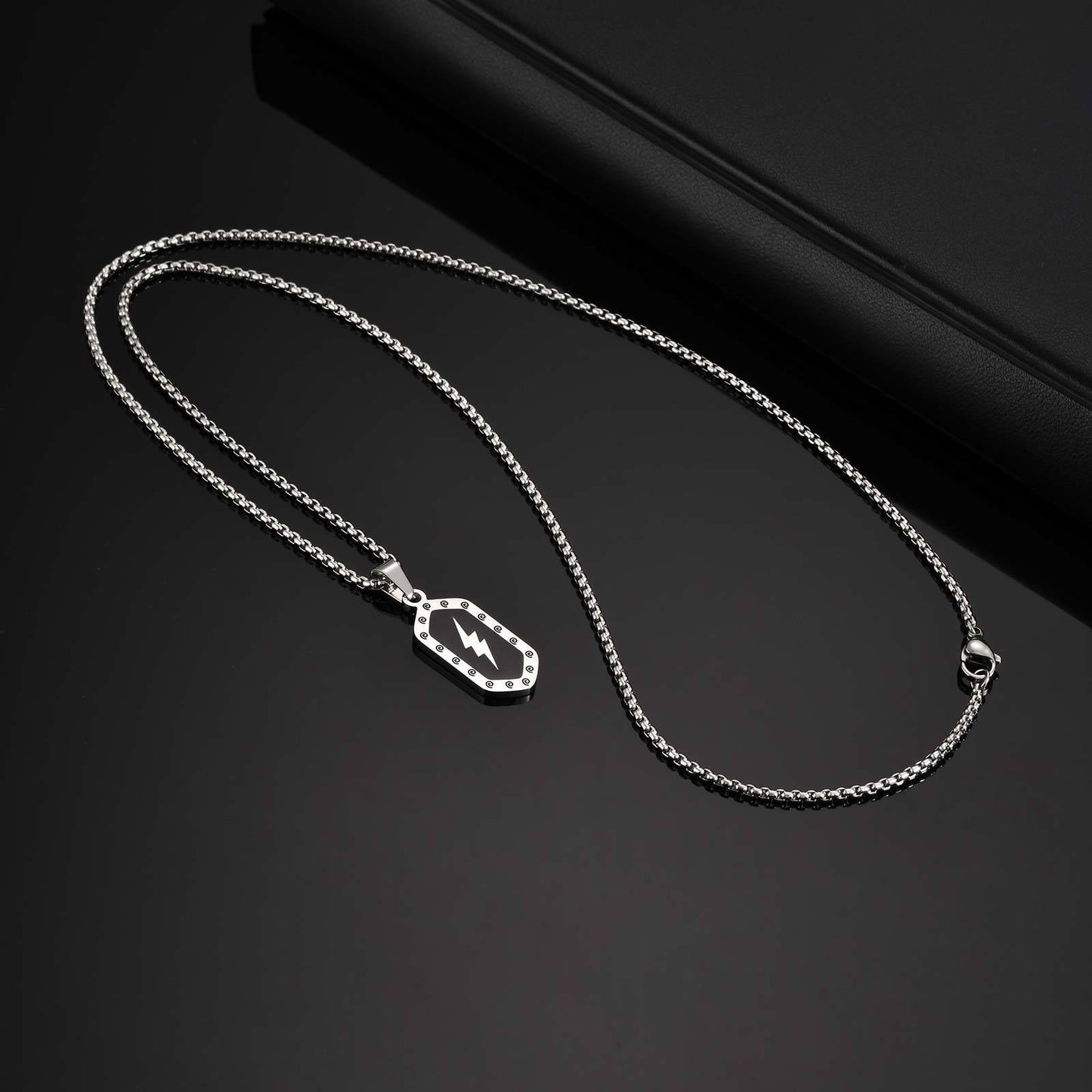 Kemstone Stainless Steel Lightning Bolt Pendant Necklace for Men Black Hexagon Accent PN-2161