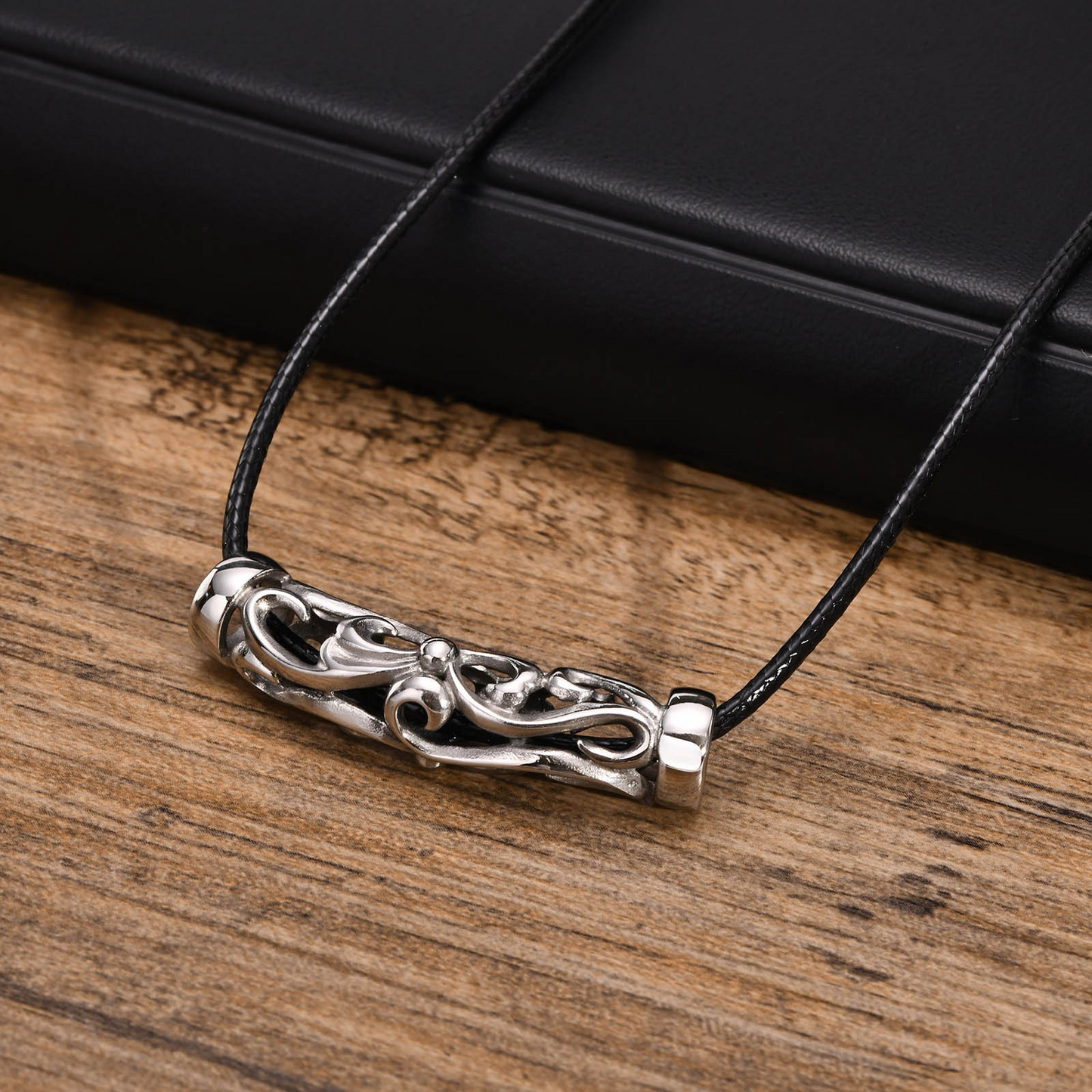 Kemstone Stainless Steel Leather Cord Necklace for Men – Silver Knot Pendant PN-1725