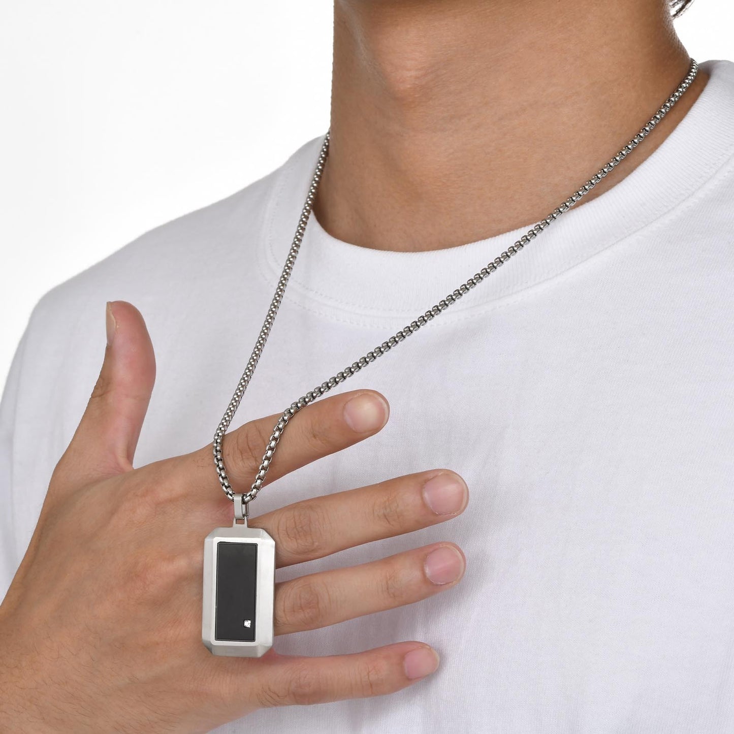 Kemstone Cubic Zirconia Rectangular Pendant Necklace for Men Stainless Steel Black Metal Design PN-1900