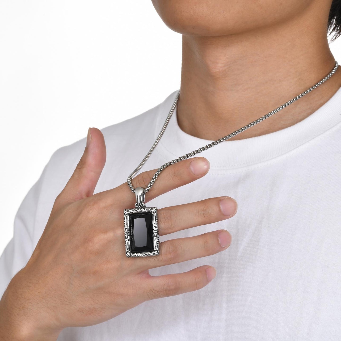 Kemstone Stainless Steel Black Glass Square Pendant Necklace for Men – Vintage Ornate Frame PN-1907