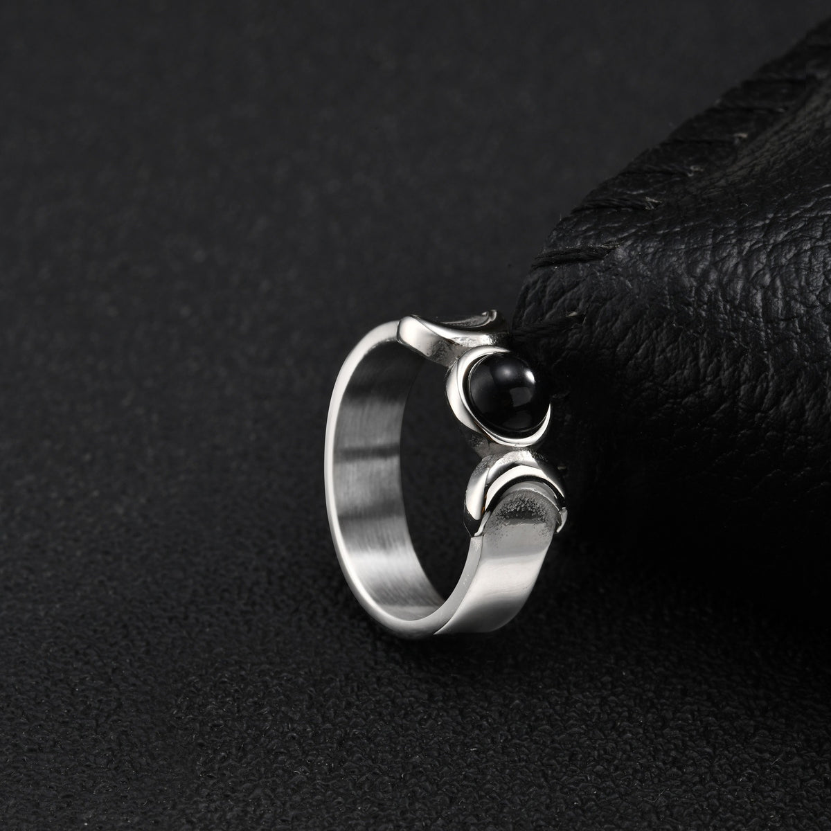 Kemstone Black Onyx Ring for Men Stainless Steel Twin Crescent RC-1171