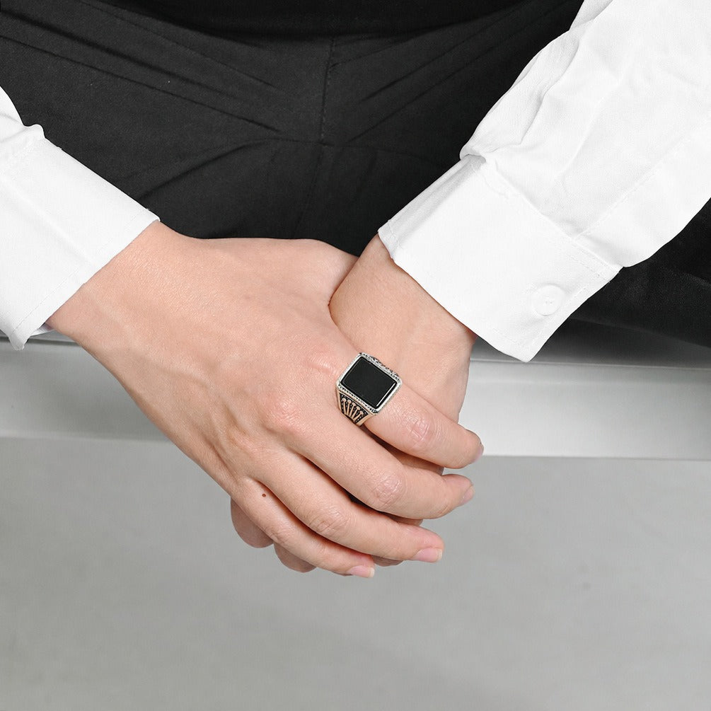 Kemstone Square Black Stone Signet Ring for Men Stainless Steel Vintage Crown Detail K-R1213