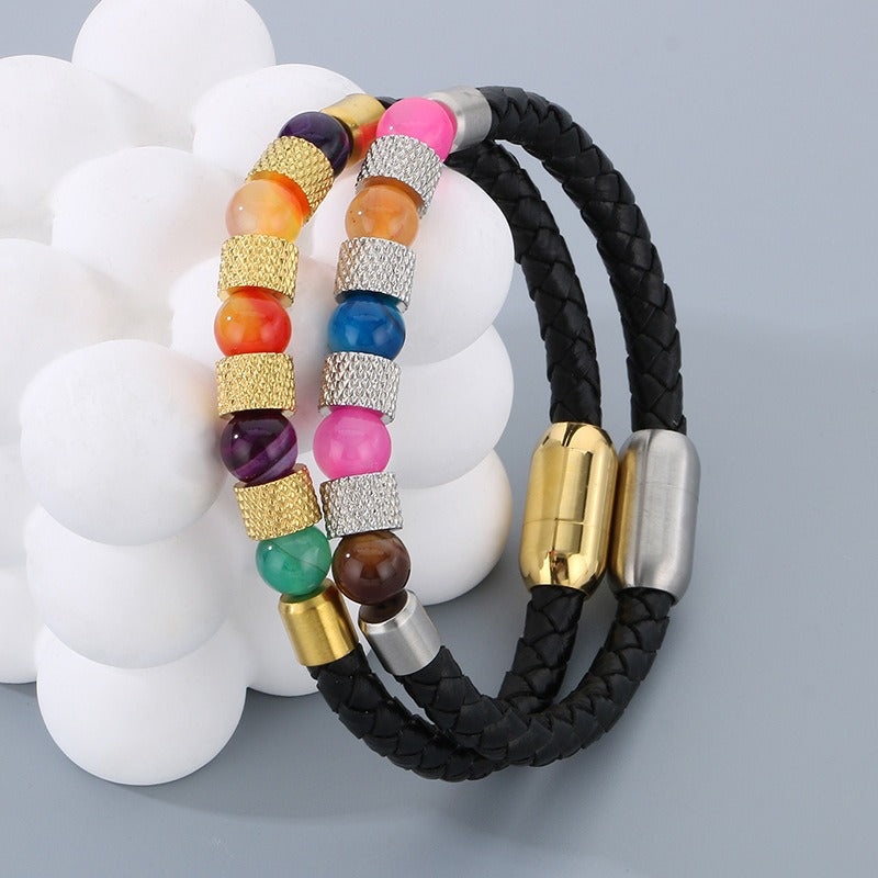 Kemstone Braided Faux Leather Quartz Bead Bracelet for Men KB179957-YA