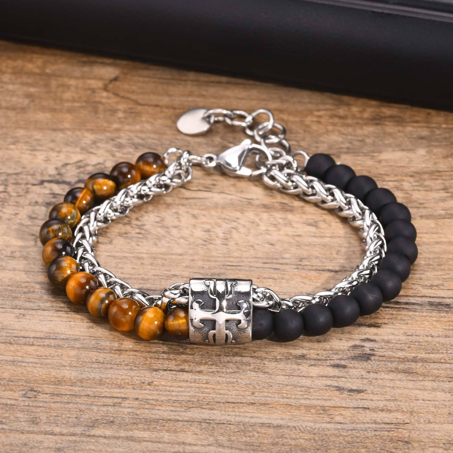 Kemstone Stainless Steel Double Layer Cross Beaded Bracelet for Men – Tiger Eye & Black Agate BR-1902