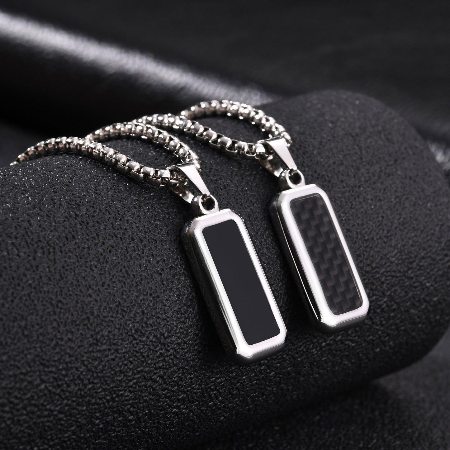 Kemston Carbon Fiber Pendant Necklace for Men Stainless Steel Black Rectangle Design PN-2319