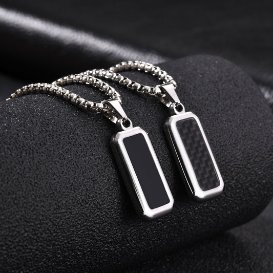Kemstone Carbon Fiber Pendant Necklace for Men Stainless Steel Black Rectangle Design PN-2319
