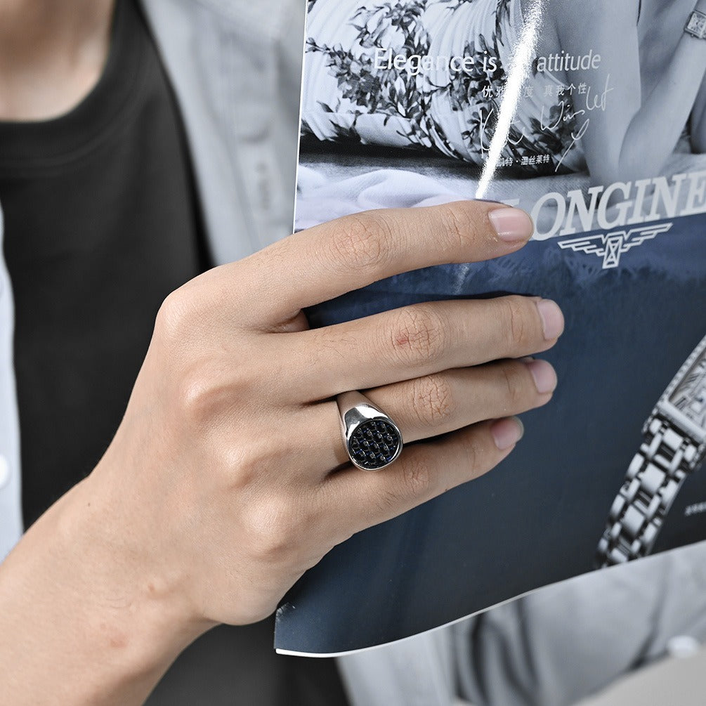 Kemstone Stainless Steel Carbon Fiber Ring for Men Black Inlay Texture K-R782