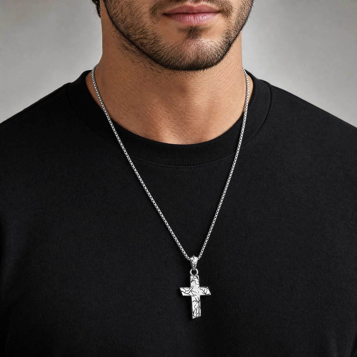 Kemston Cracked Texture Cross Pendant Necklace for Men Stainless Steel Vintage Silver Design PN-2420