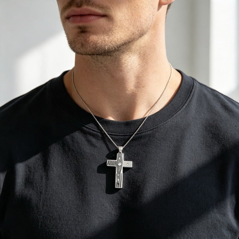 Kemstone Wood Grain Cross Pendant Necklace for Men Stainless Steel Cubic Zirconia Accent KP119491-HR