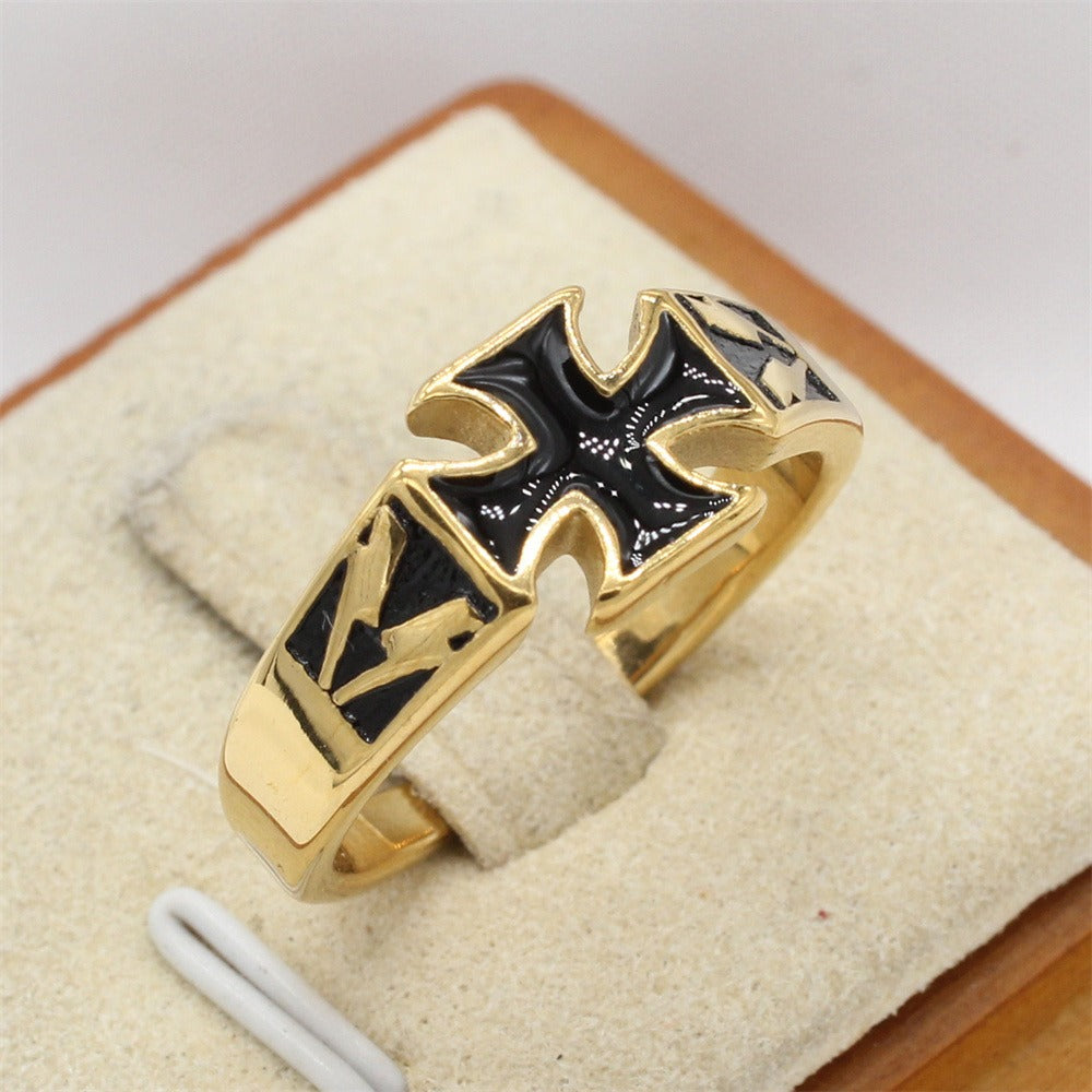 Kemstone Black Cross Ring for Men Titanium Steel Vintage Engraved R1823