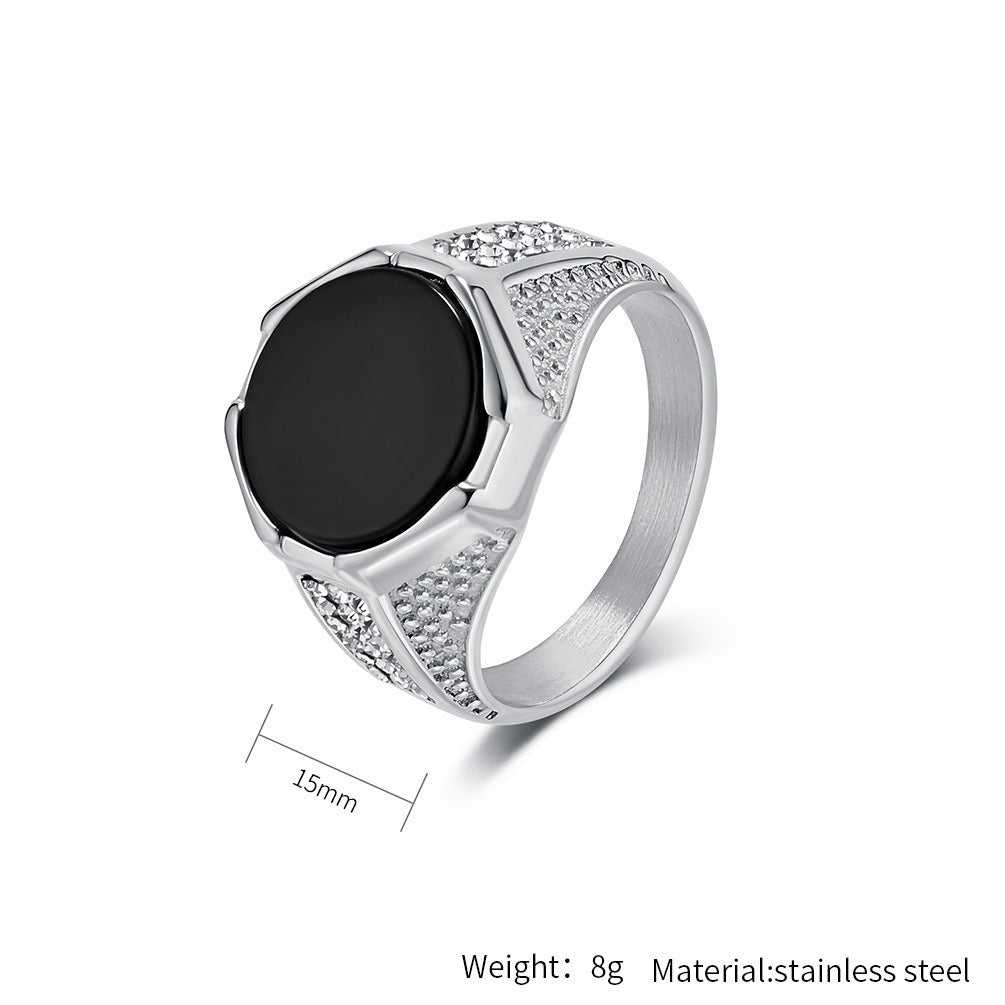 Kemstone Black Stone Ring for Men Stainless Steel Side Accents K-R986