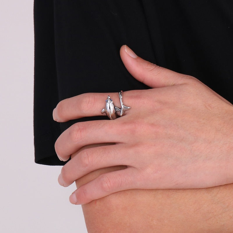 Kemstone Dolphin Ring for Men Titanium Steel Blue Eye Ocean Design KR104181-BDJX