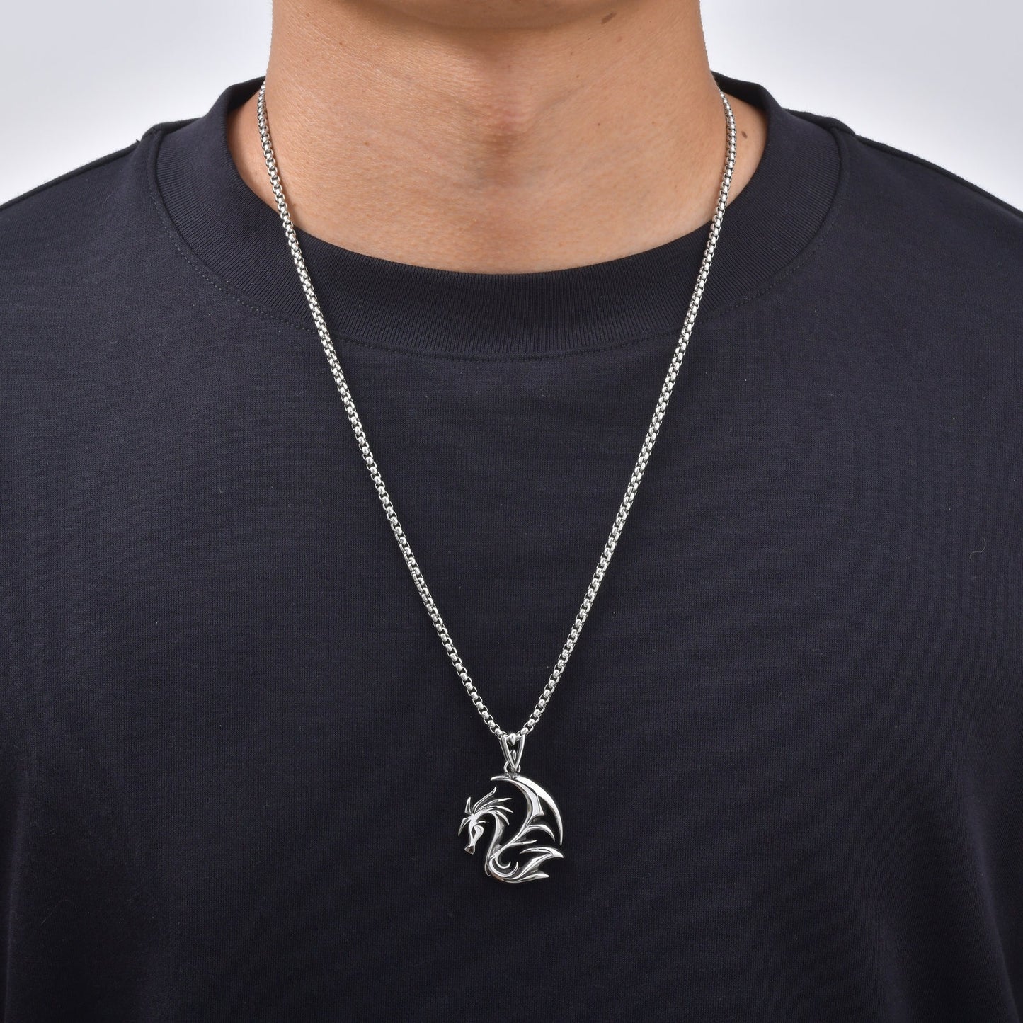 Kemston Winged Dragon Pendant Necklace for Men Stainless Steel Gothic Vintage Silver PN-2419