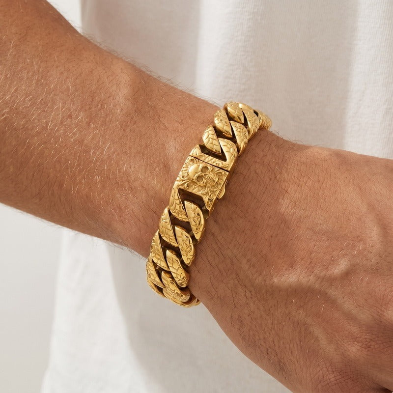 Kemstone Skull Clasp Cuban Link Bracelet for Men Titanium Steel Engraved KP118342-KJX