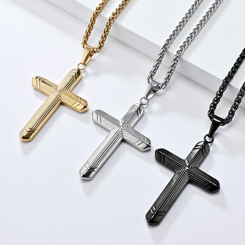 Kemstone Stainless Steel Cross Pendant Necklace for Men – Engraved Line Relief, Silver Gold Black K-PT588