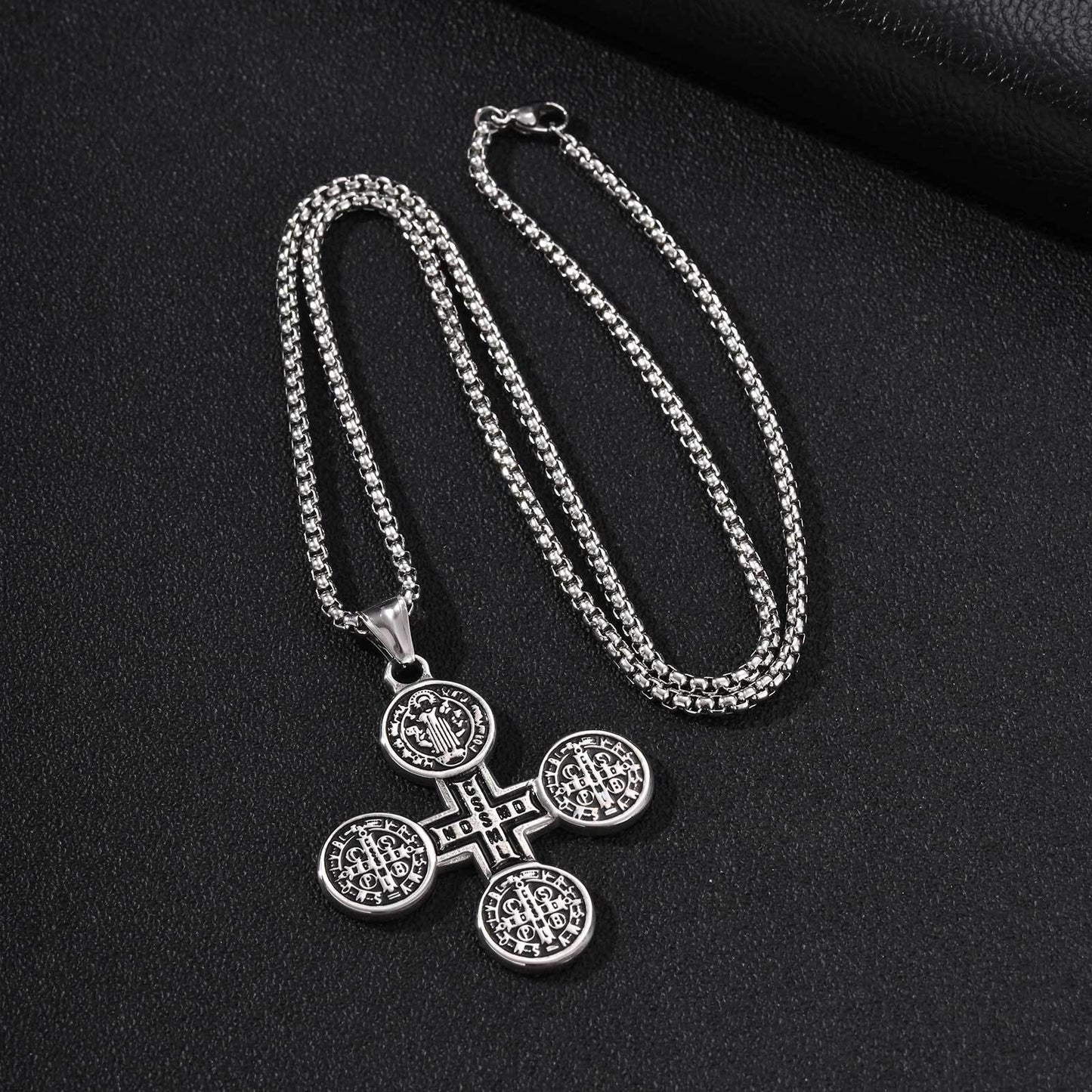 Kemston Engraved Cross Pendant Necklace for Men Stainless Steel Round Vintage PN-2409