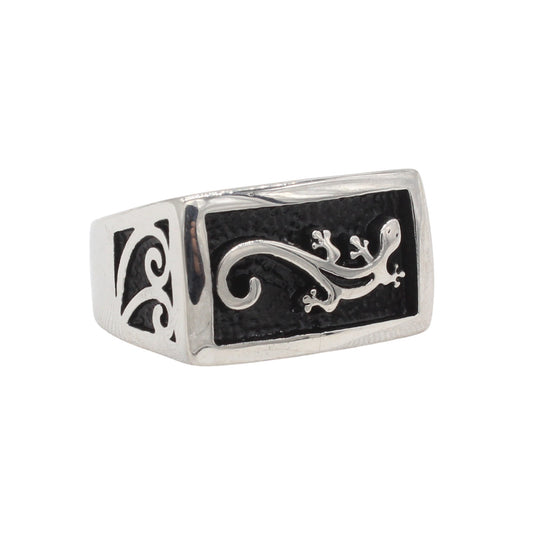 Kemstone Titanium Steel Lizard Signet Ring for Men Black Inlay Vintage R1851