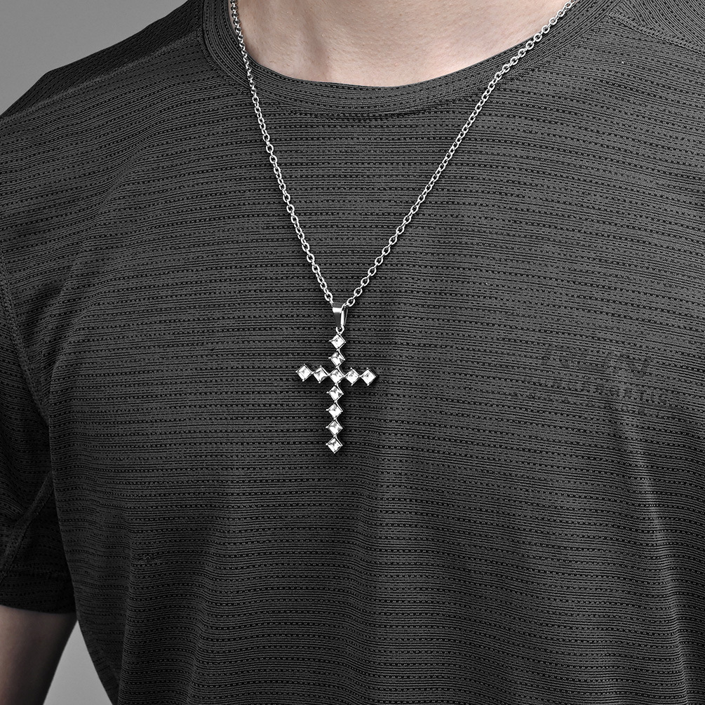 Kemstone Square Cubic Zirconia Cross Pendant Necklace for Men Stainless Steel K-PT502