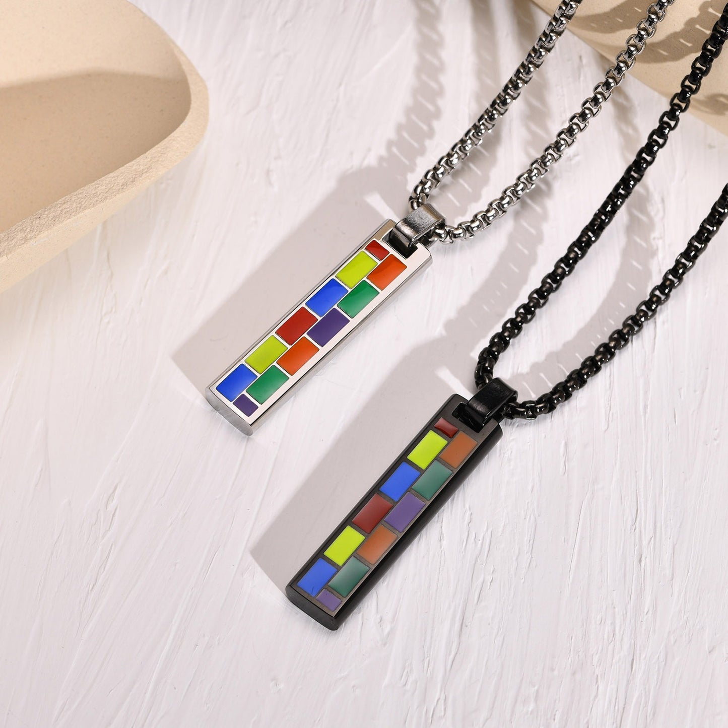 Kemstone Color Block Bar Pendant Necklace Stainless Steel Rectangle Design for Men PPN-004