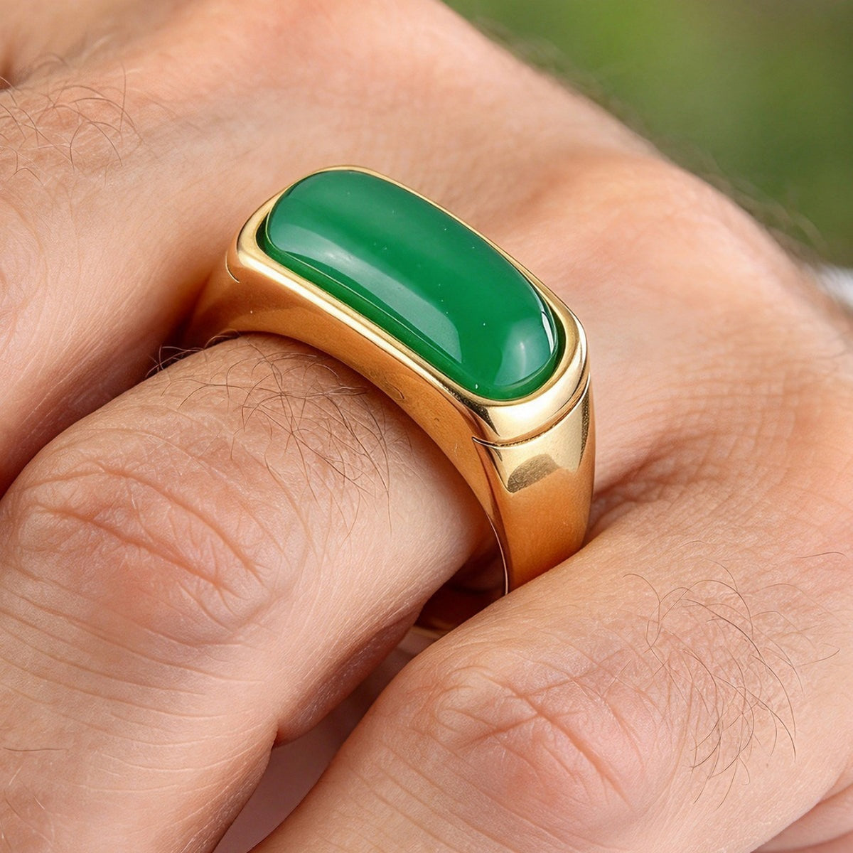 Kemstone Green Stone Ring for Men Stainless Steel Elongated Face MJ0167