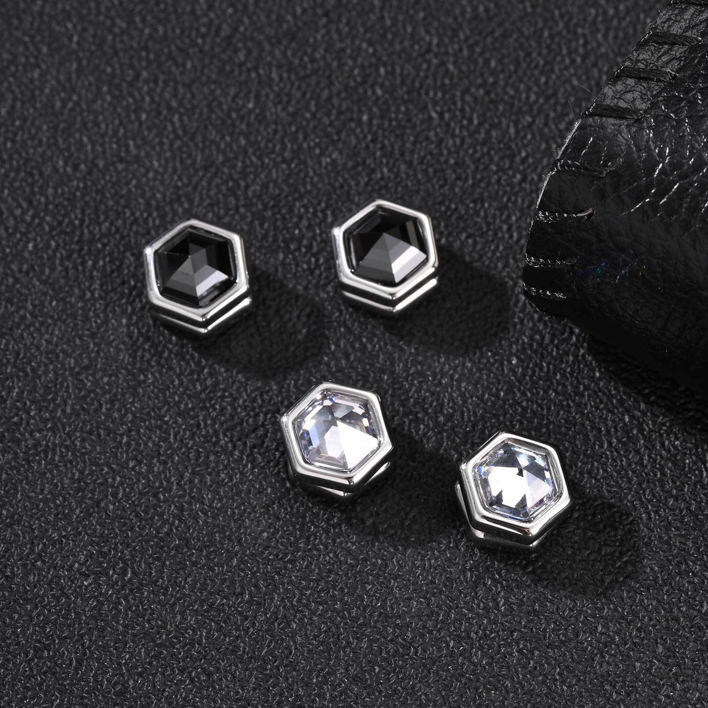 Kemston Hexagon Magnetic Earrings for Men Stainless Steel Black Cubic Zirconia Clip On Earrings EC-004