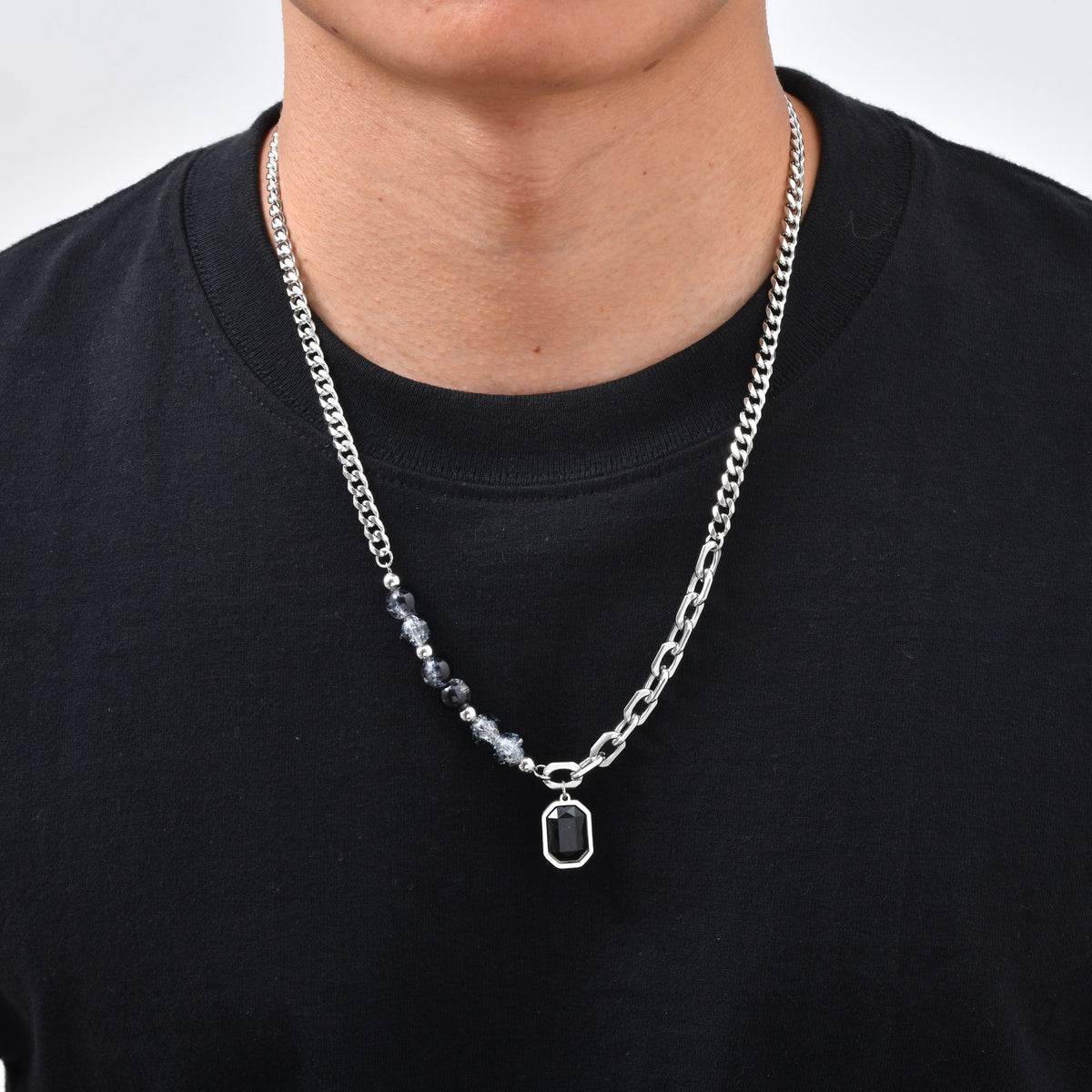 Kemstone Black Glass Necklace for Men Mixed-Link Beaded Chain NC-3269