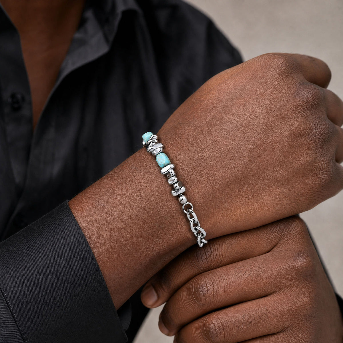 Kemstone Nugget Bead & Chain Bracelet for Men Stainless Steel BR-3284