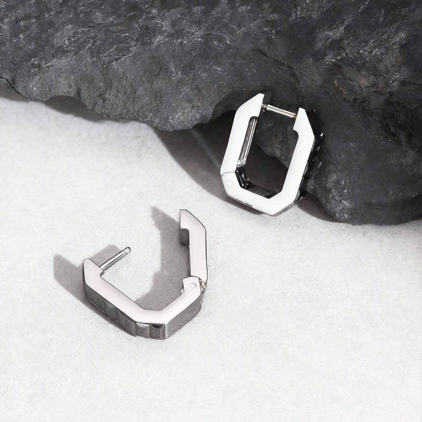 Kemstone Octagon Hoop Earrings for Men Stainless Steel Black Silver EH-802