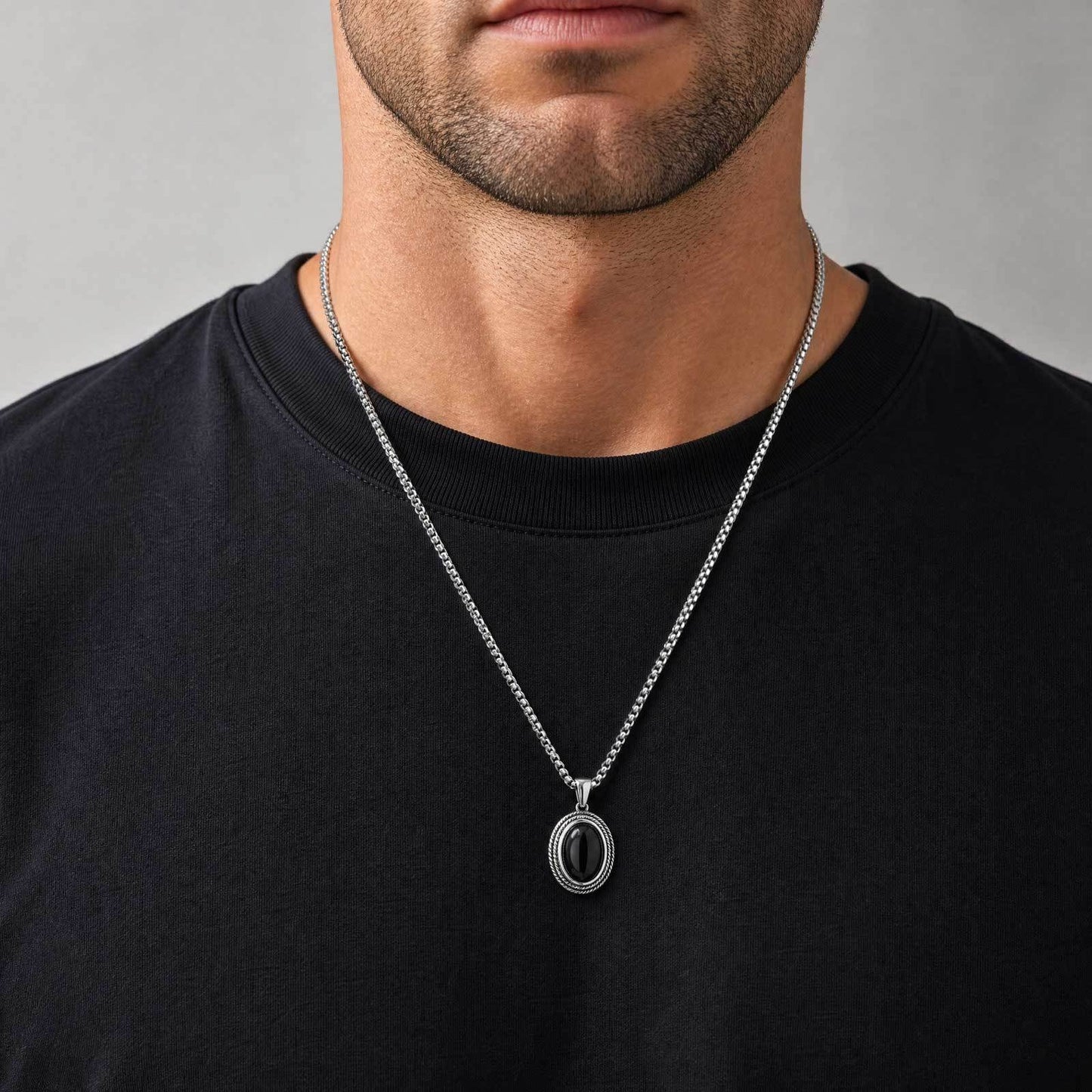Kemston Black Stone Pendant Necklace for Men Stainless Steel Oval Vintage Frame PN-2462