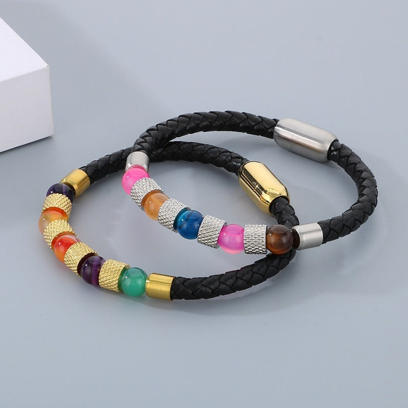 Kemstone Braided Faux Leather Quartz Bead Bracelet for Men KB179957-YA