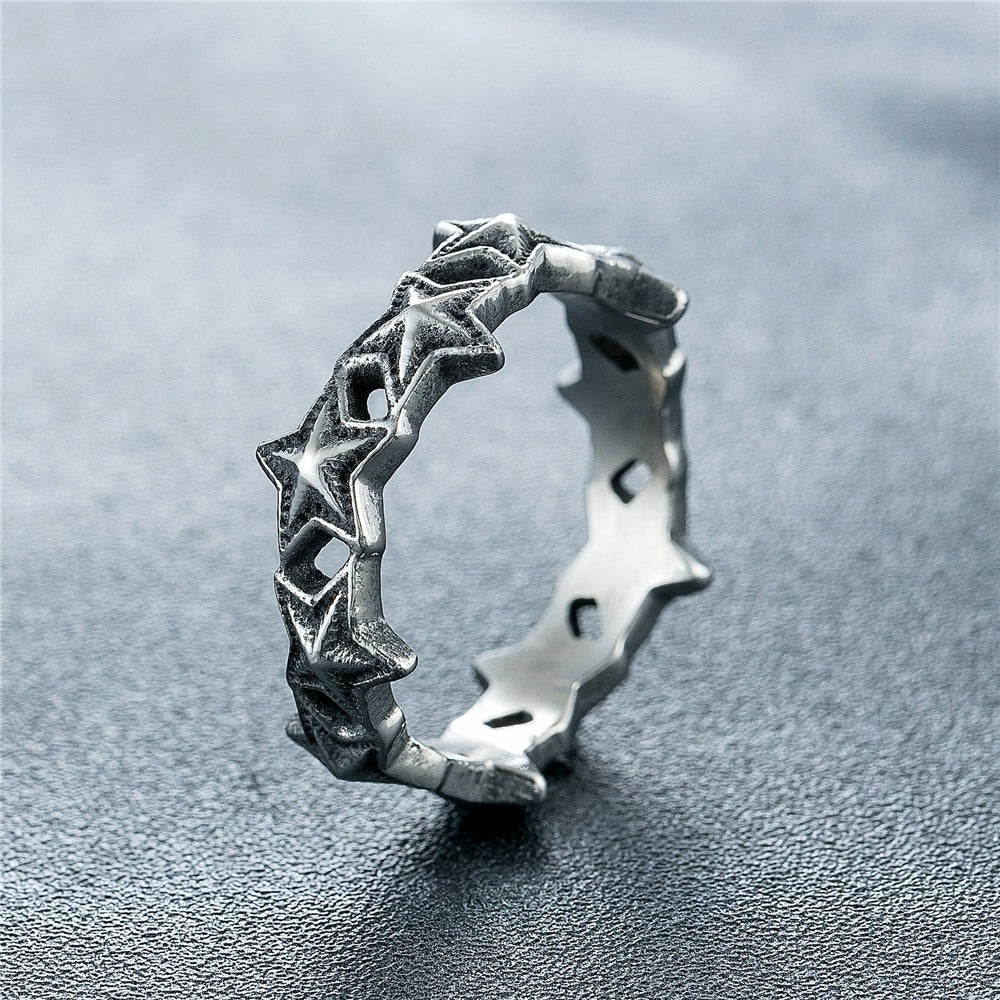 Kemstone Vintage Star Pattern Ring for Men Titanium Steel R1909