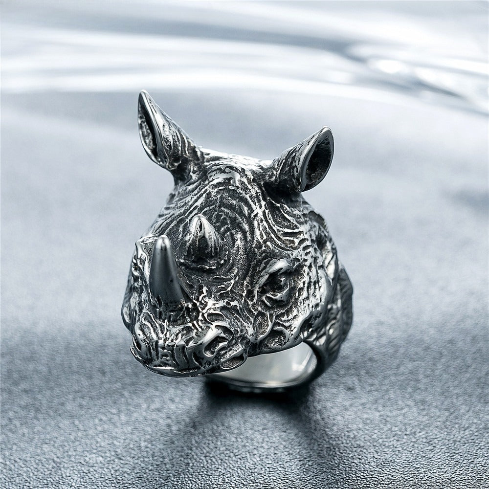 Kemstone Titanium Steel Rhino Head Ring for Men Vintage Animal R0340-NK01