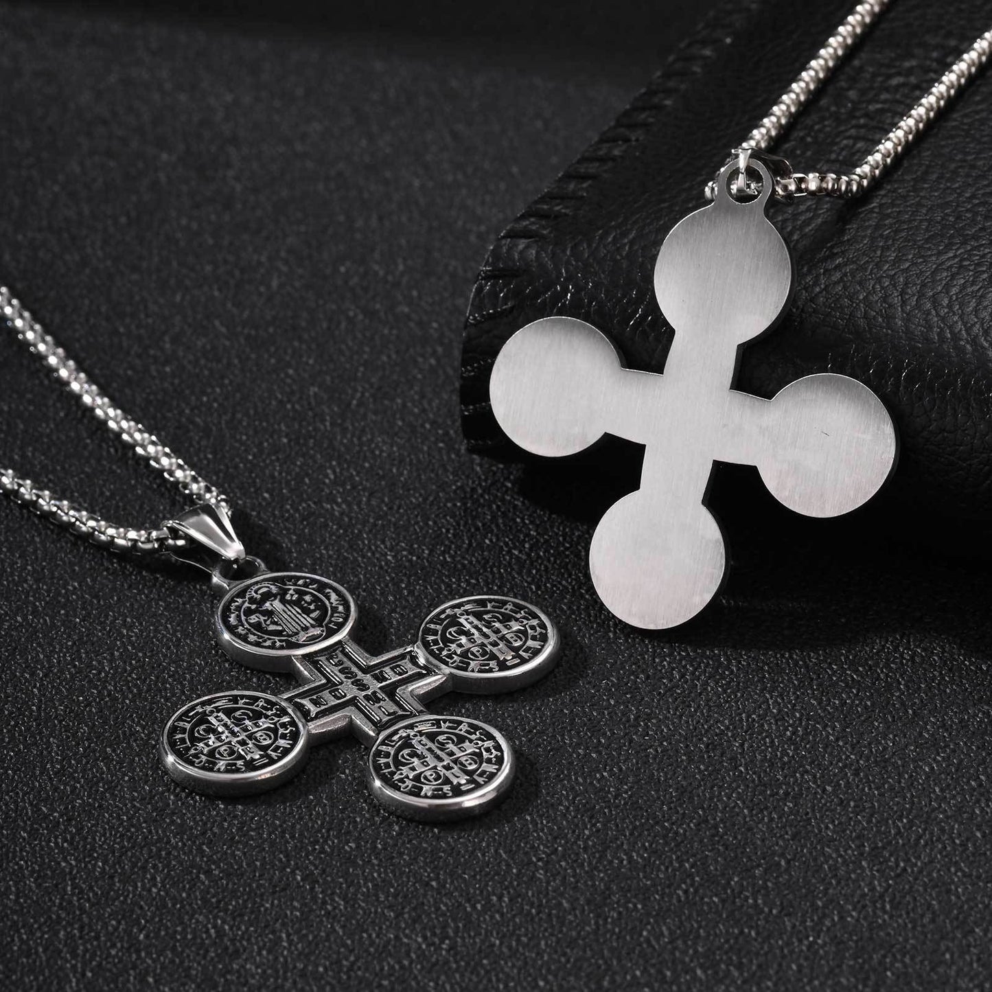 Kemston Engraved Cross Pendant Necklace for Men Stainless Steel Round Vintage PN-2409