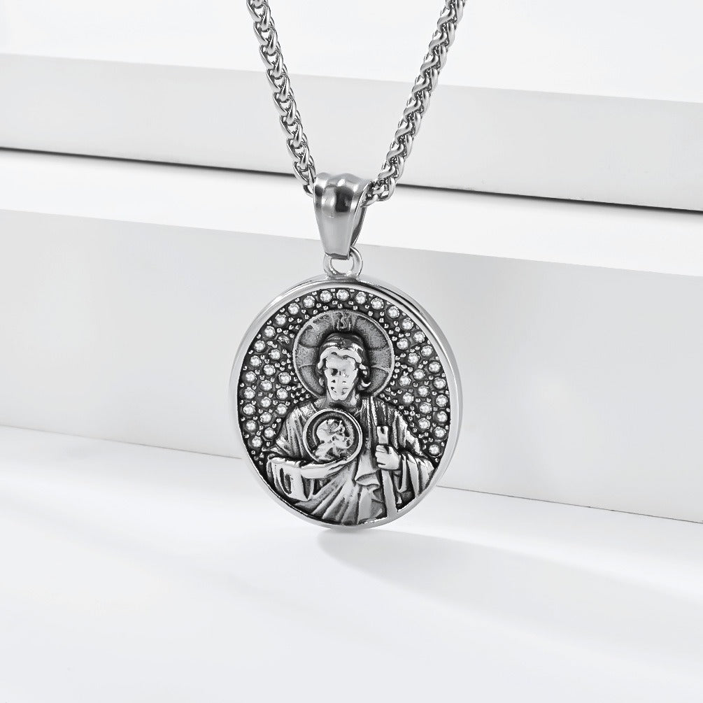 Kemston Round Portrait Pendant Necklace for Men Stainless Steel Vintage Relief Detail K-PT731