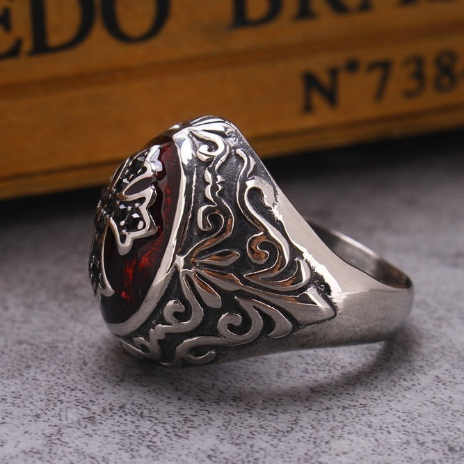 Kemstone Cross Signet Ring for Men Stainless Steel Red Accent Gothic Vintage TR0074