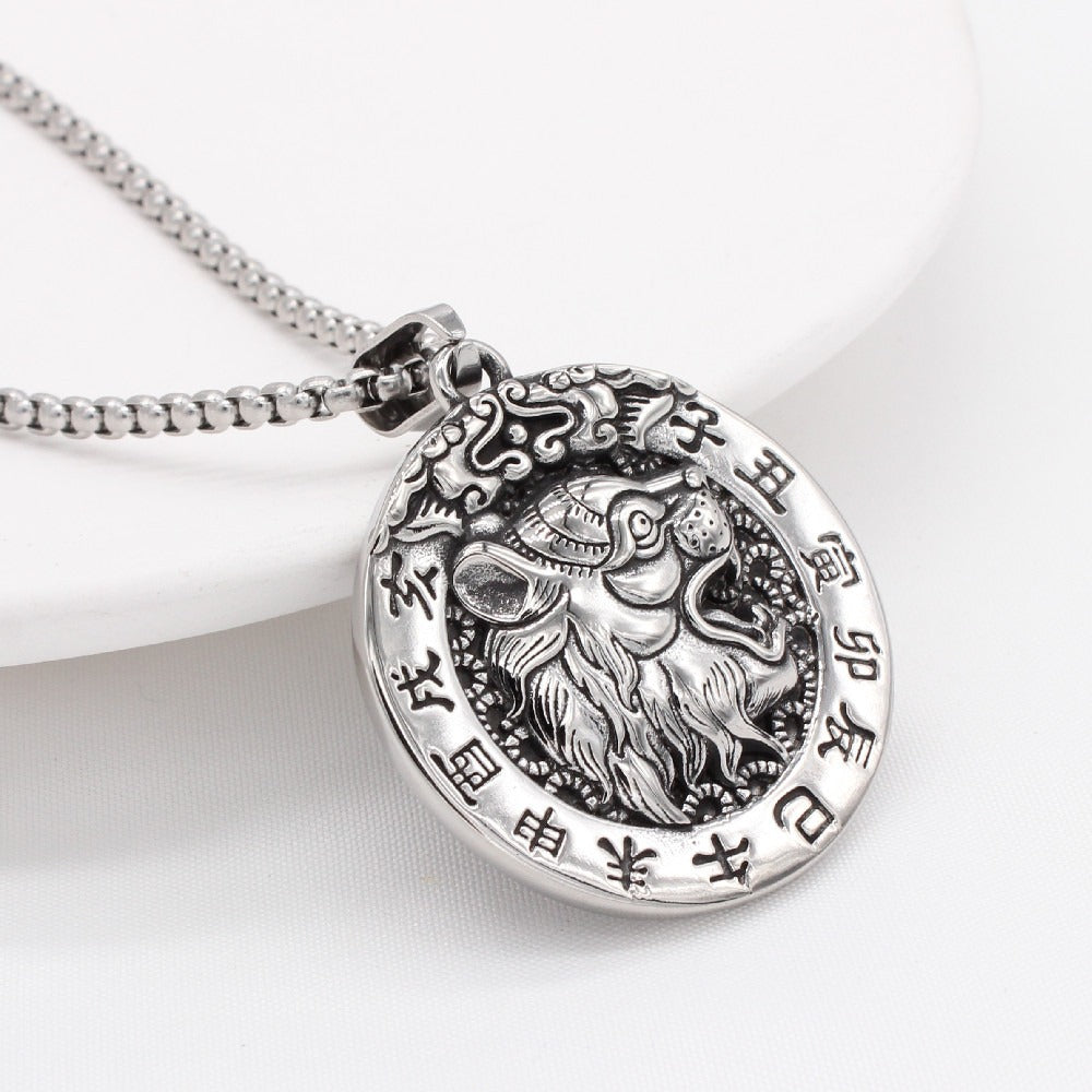 Kemston Zodiac Animal Medallion Necklace for Men Stainless Steel Vintage P0959