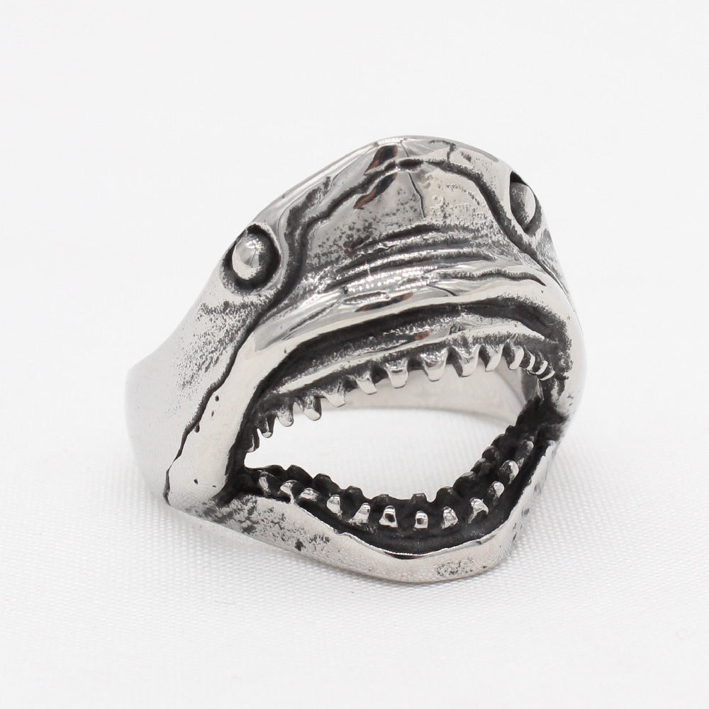 Kemston Shark Head Ring for Men Titanium Steel Vintage Texture R1625