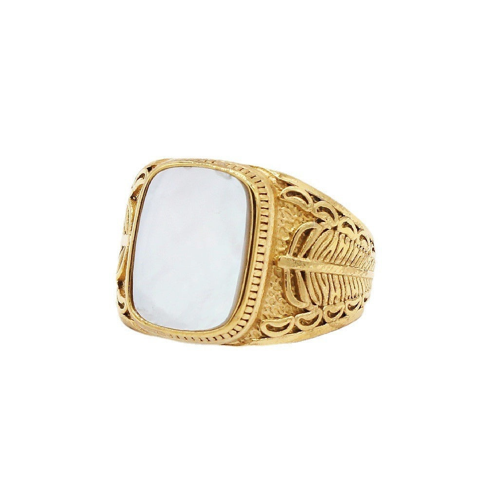 Kemstone Shell Signet Ring for Men Titanium Steel Feather Engraved R1207
