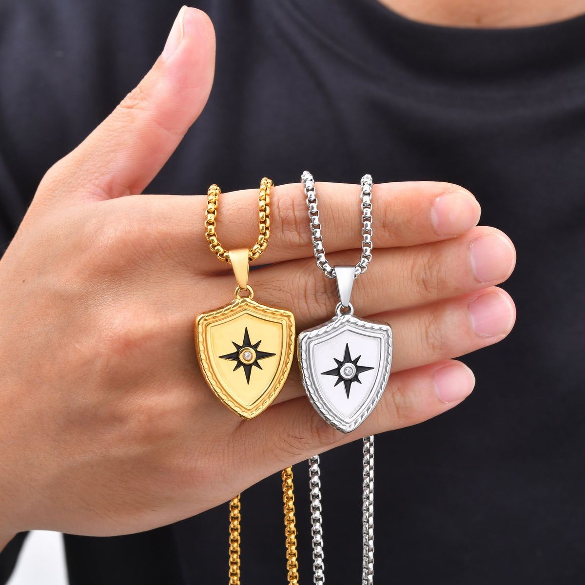 Kemston Eight Point Star Shield Pendant Necklace for Men Stainless Steel PN-2443