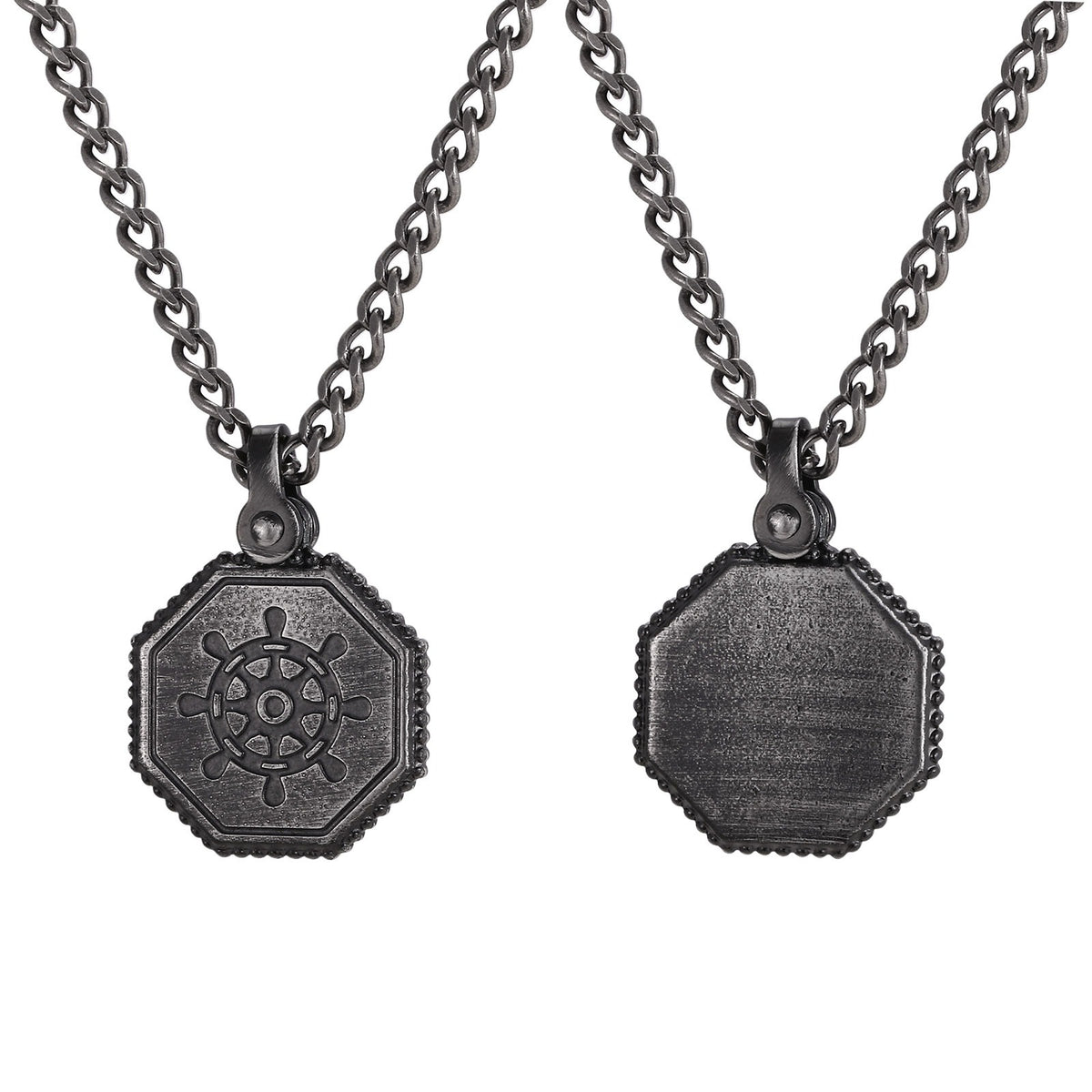 Kemston Octagon Ship Wheel Pendant Necklace for Men Stainless Steel Vintage Silver PN-2398