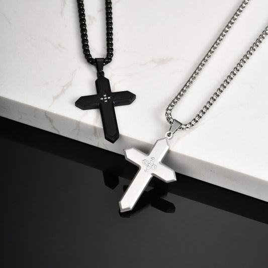 Kemstone Stainless Steel Brushed Cross Pendant Necklace with Cubic Zirconia – Square Link Chain for MenPN-2198