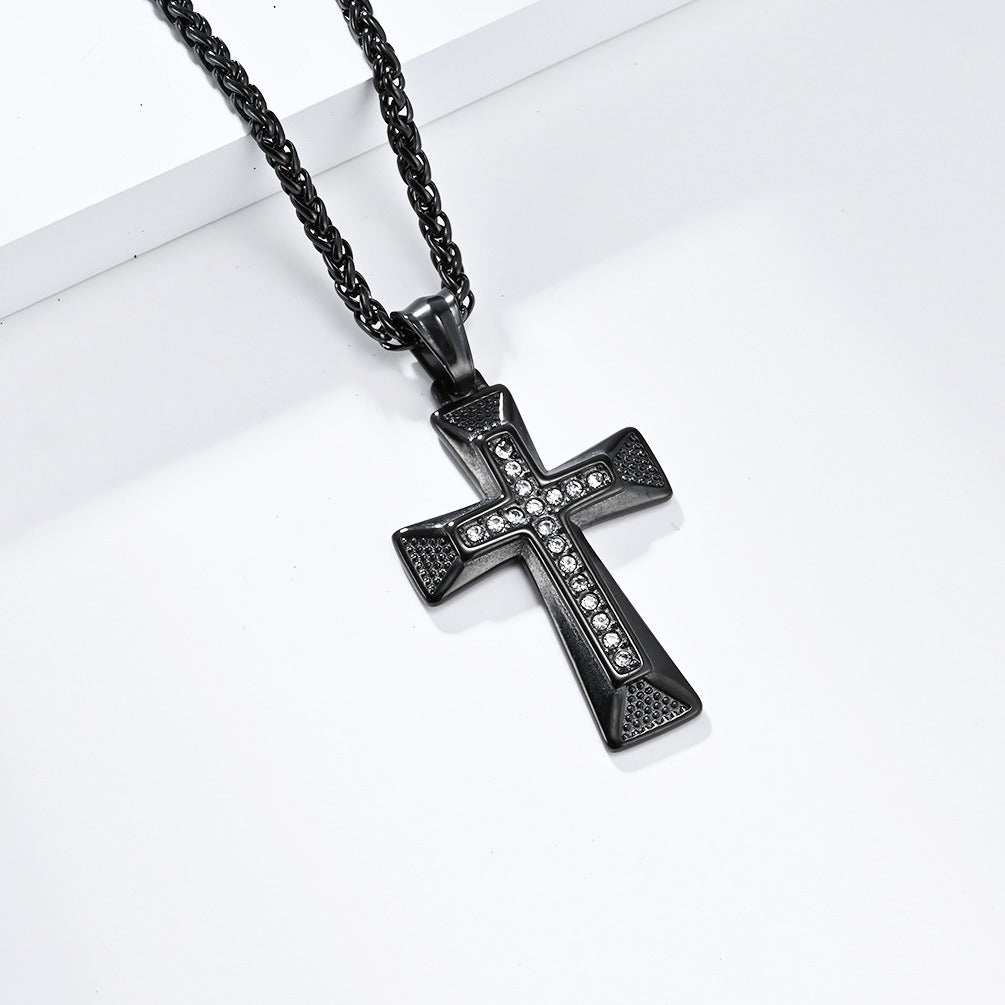 Kemstone Geometric Cross Pendant Necklace for Men Stainless Steel Stone Detail K-PT506