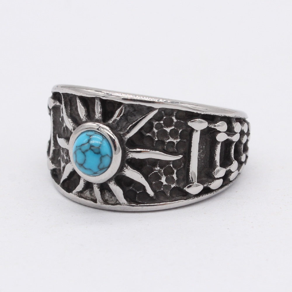 Kemstone Turquoise Ring for Men Titanium Steel Wide Band Textured Vintage R1496
