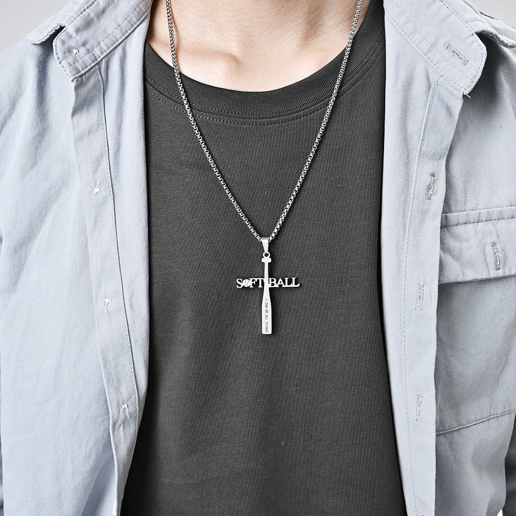 Kemstone Softball Cross Pendant Necklace for Men Stainless Steel Baseball Letter Detail K-PT512